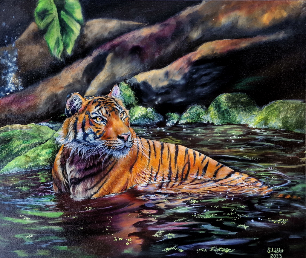 Acrylbild Tiger im Urwald im Wasser